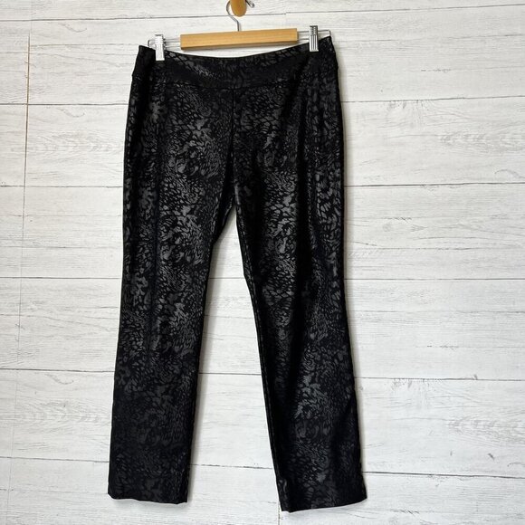 Nic + Zoe Pants Womens Size 8P Black Animal Print Pull On Ankle Side Slits - Picture 1 of 13